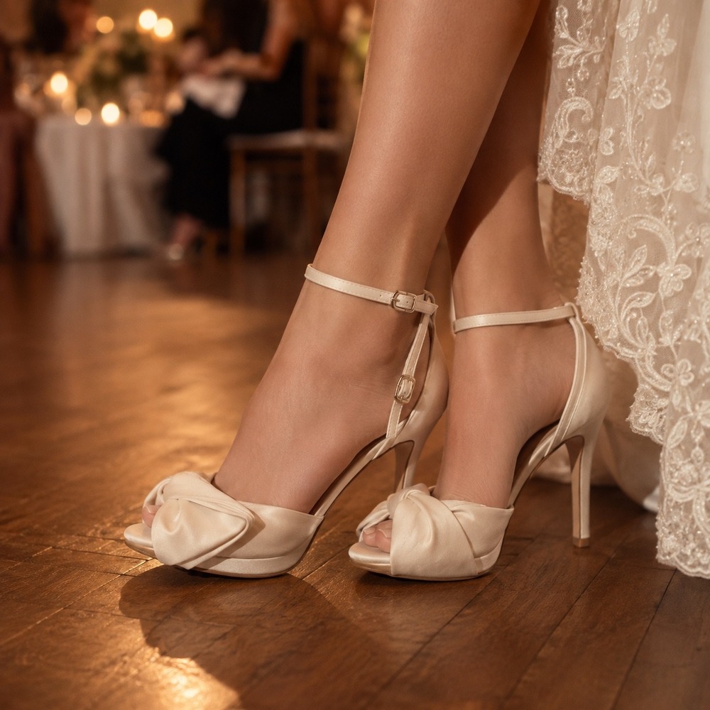 Kate Spade Madalyn Ivory Satin Bow Platform Ankle Strap Sandals Heels 6.5B